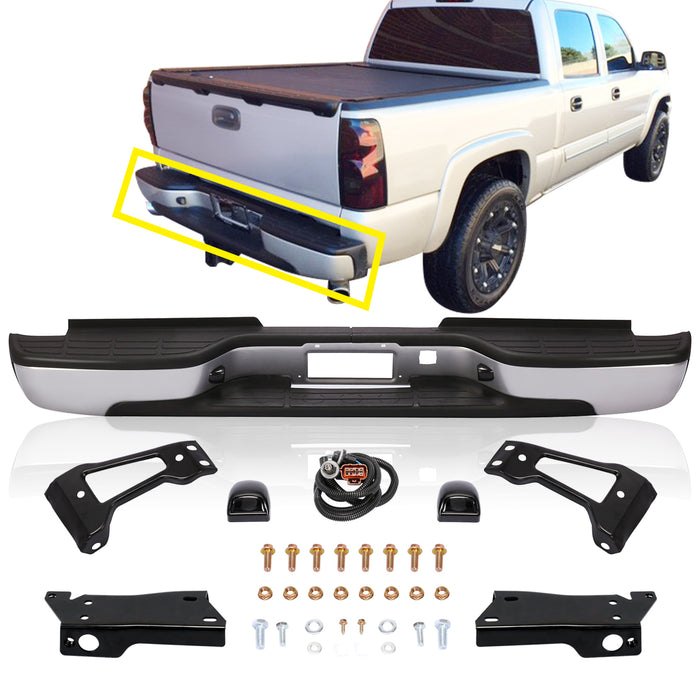 CarPartsDepot New Replacement Parts Silver Steel Rear Step Bumper Assembly With Brackets Pads Lamps Compatible With CHEVROLET/GMC 01-07 SIlverado Sierra 2500HD 3500 Fleetside New Replacement Parts