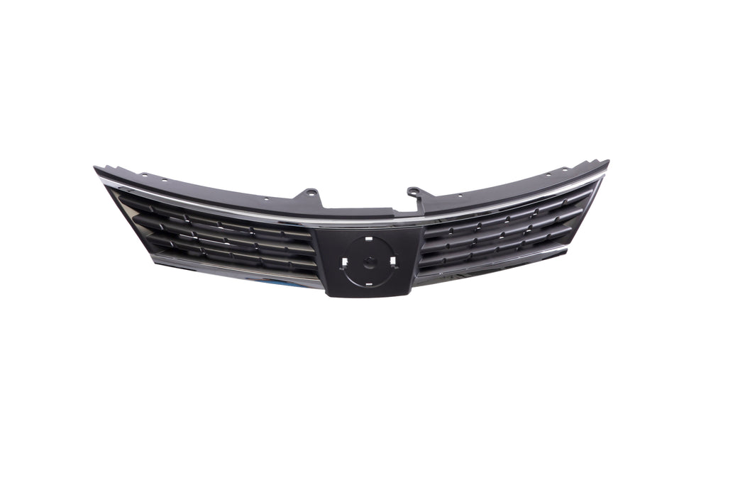 JustDrivably Replacement Parts Front Grille Grill Assembly Lower With Dark Gray Shell And Insert With Chrome Molding Compatible With Nissan Versa 2007 2008 2009 Hatchback Sedan