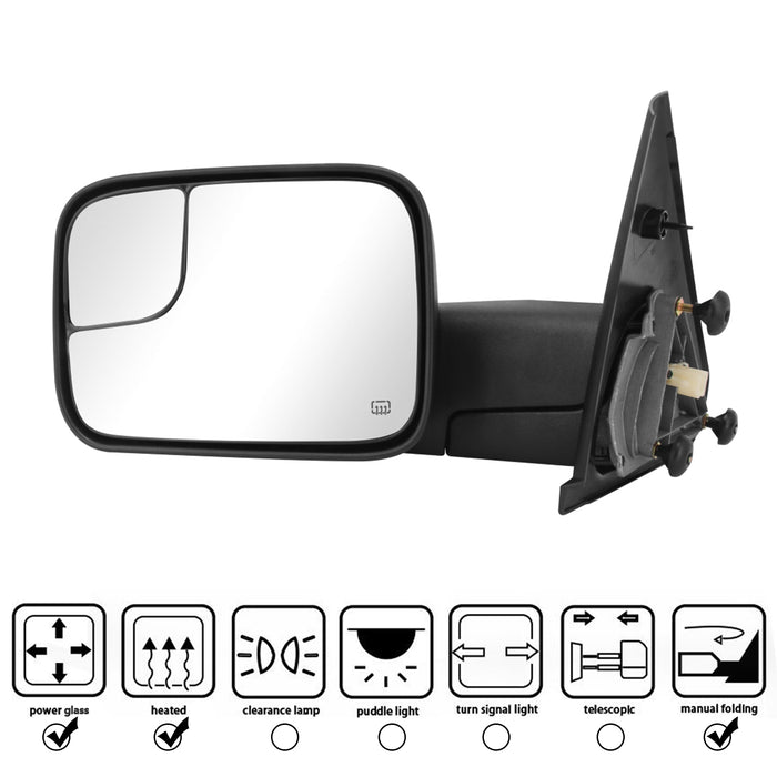 Perfit Zone TOWING MIRROR Replacement Fit For 2002-2009 RAM PAIR POWERED HEATED Without SIGNAL BLACK